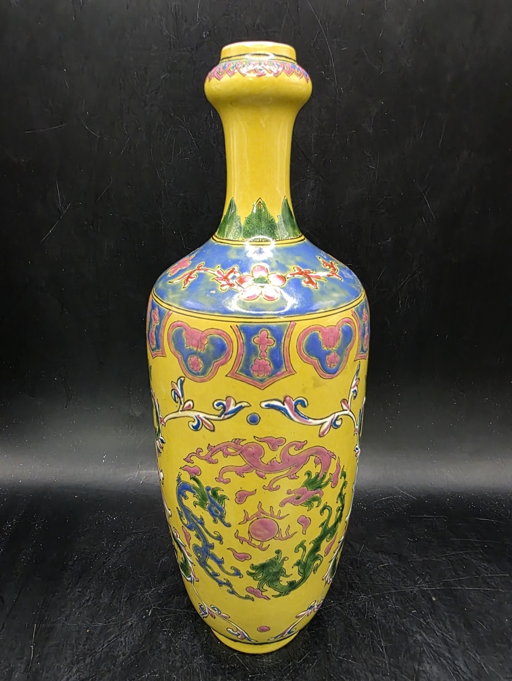 Beautiful Chinese Porcelain Vase With Dragon Floral Motifs Qing Dynasty Mark